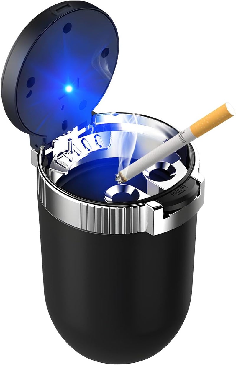 MUQIDA Car Ashtray with Lid, Auto Portable Stainless Steel Smokeless Ash Tray with LED Light, Detachable Windproof Ashtray Mini Trash Can for Most Car Cup Holder Home Office (Silver) - Image 1